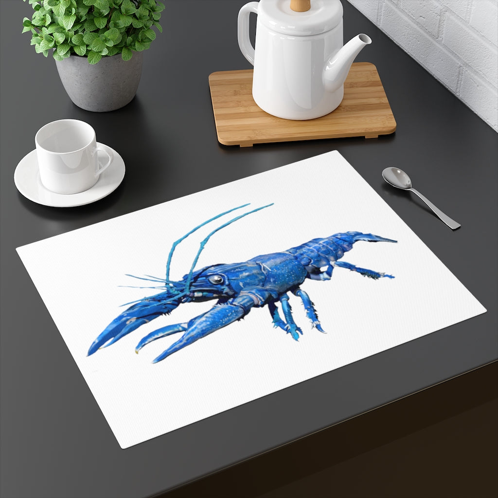 Blue Crawfish Placemat featuring a vibrant crawfish design on one side and a natural back, made from durable cotton.