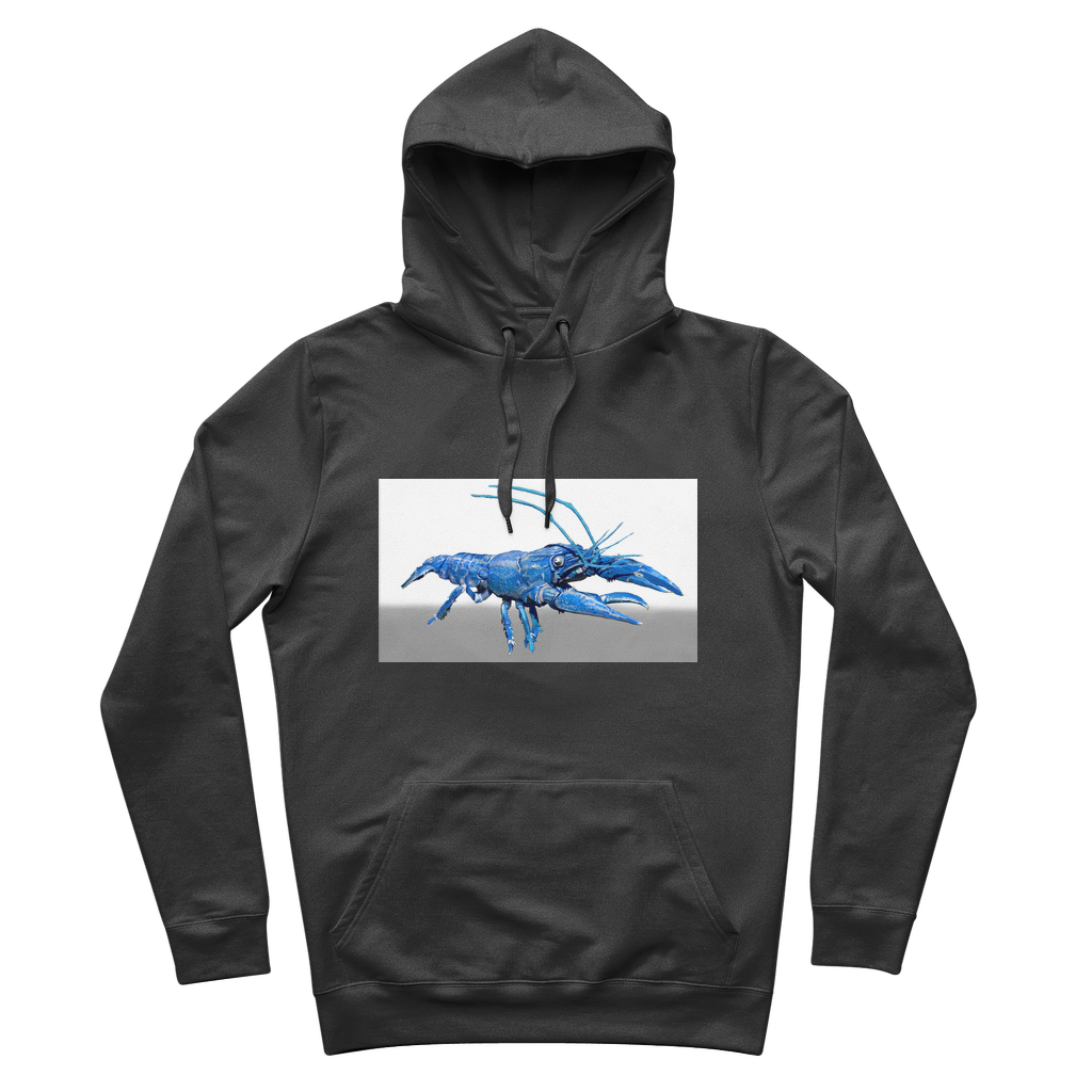 Blue Crawfish Premium Adult Hoodie featuring a lined adjustable hood and kangaroo pocket, made from soft brushed fleece fabric.