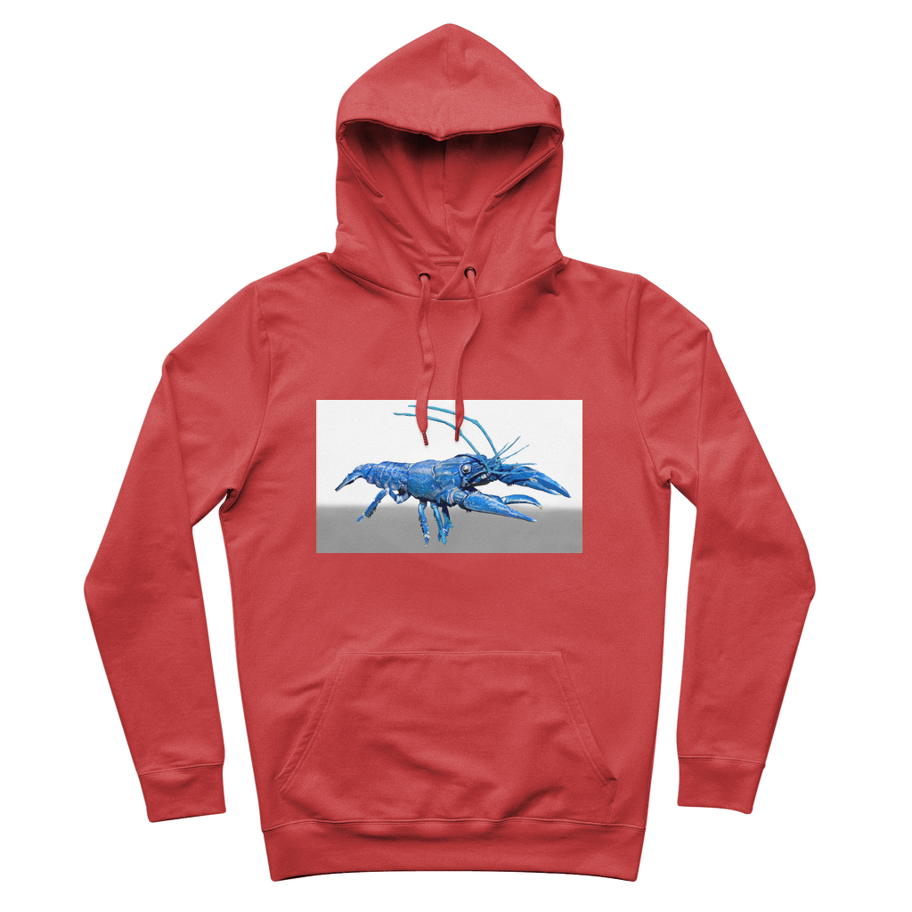 Blue Crawfish Premium Adult Hoodie featuring a lined adjustable hood and kangaroo pocket, made from soft brushed fleece fabric.