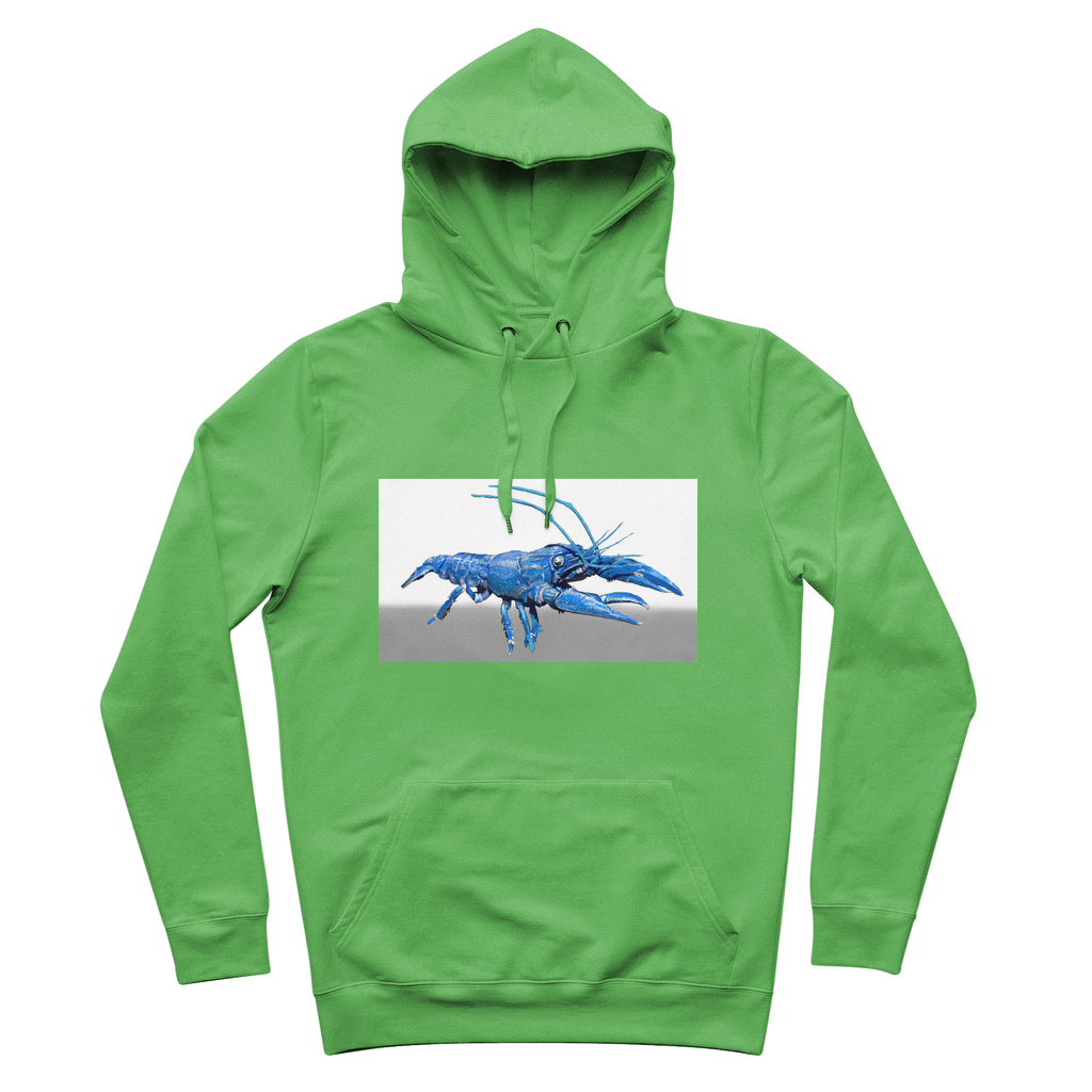 Blue Crawfish Premium Adult Hoodie featuring a lined adjustable hood and kangaroo pocket, made from soft brushed fleece fabric.