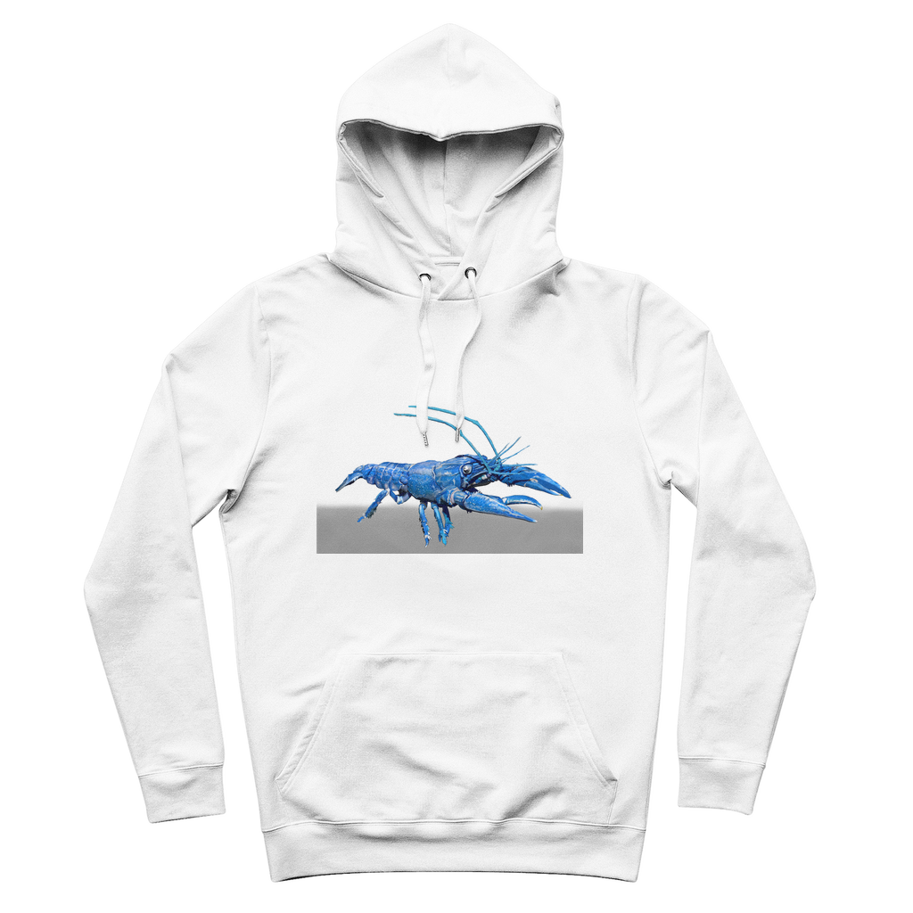 Blue Crawfish Premium Adult Hoodie featuring a lined adjustable hood and kangaroo pocket, made from soft brushed fleece fabric.