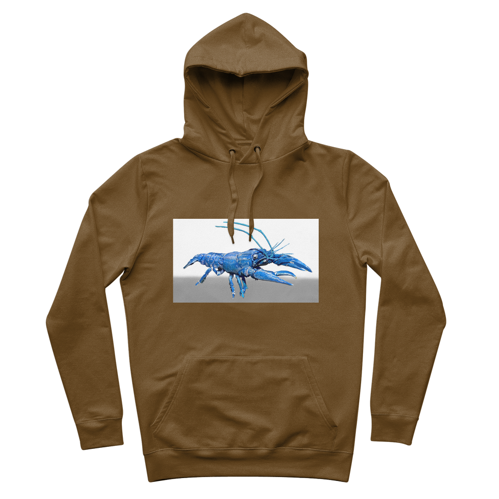 Blue Crawfish Premium Adult Hoodie featuring a lined adjustable hood and kangaroo pocket, made from soft brushed fleece fabric.