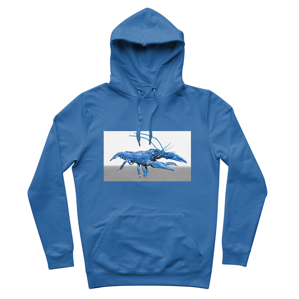 Blue Crawfish Premium Adult Hoodie featuring a lined adjustable hood and kangaroo pocket, made from soft brushed fleece fabric.