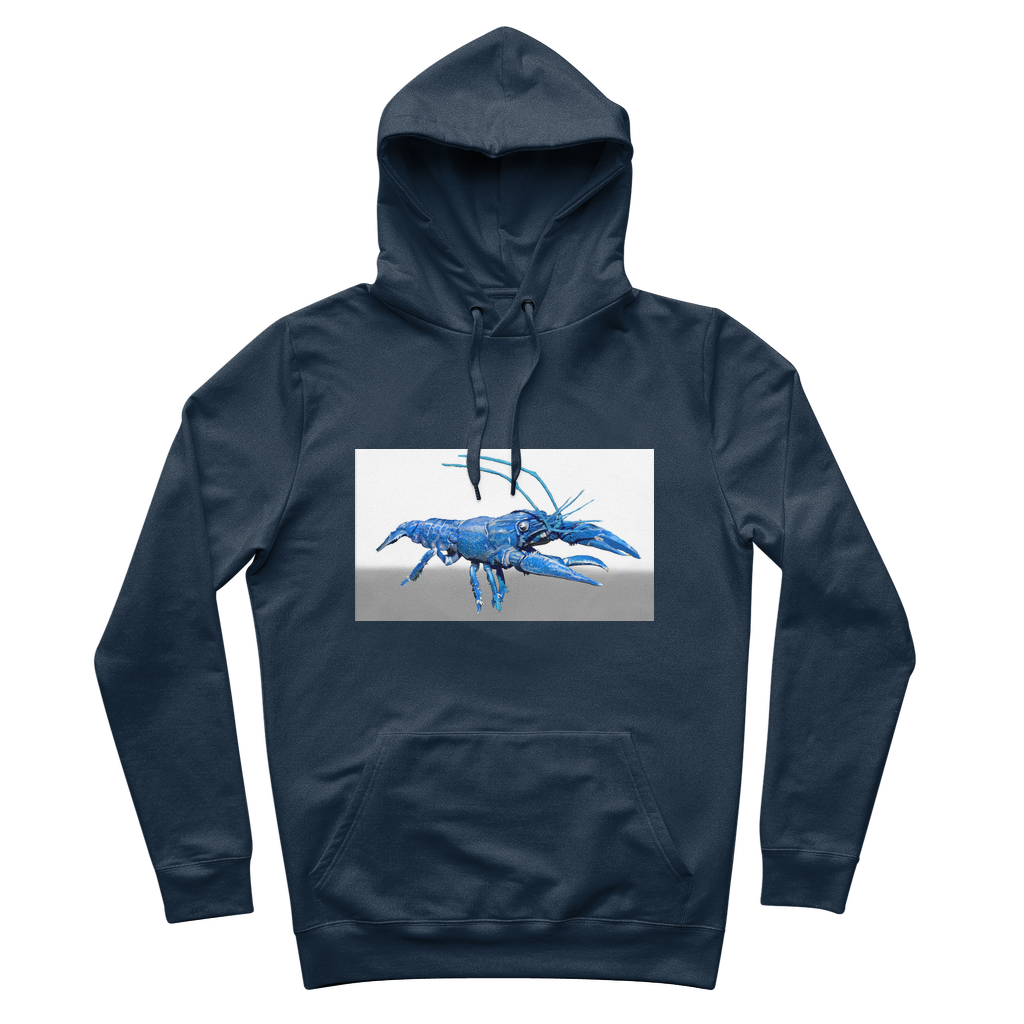 Blue Crawfish Premium Adult Hoodie featuring a lined adjustable hood and kangaroo pocket, made from soft brushed fleece fabric.