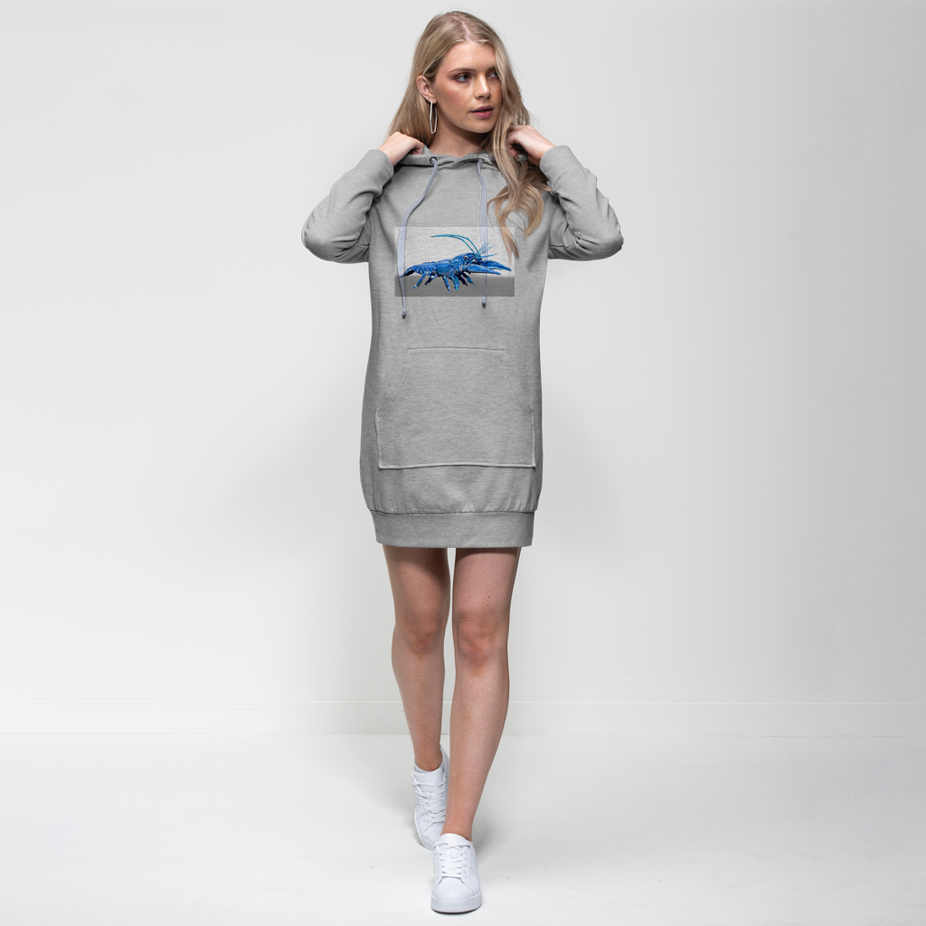 Blue Crawfish Premium Adult Hoodie Dress featuring a relaxed fit, hood, and kangaroo pocket, made from soft cotton blend fabric.