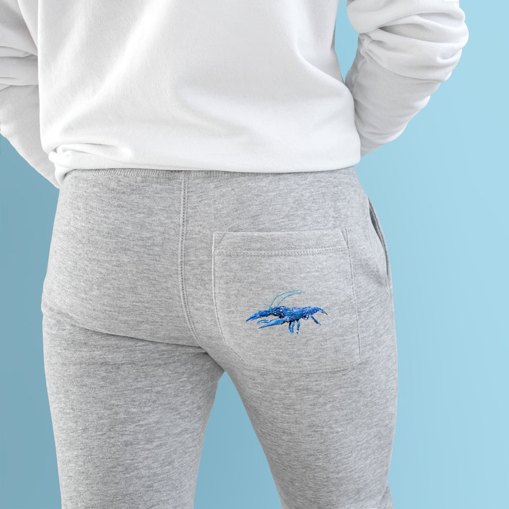 Blue Crawfish Premium Fleece Joggers featuring a customizable back pocket and two side pockets, made from soft fleece fabric.