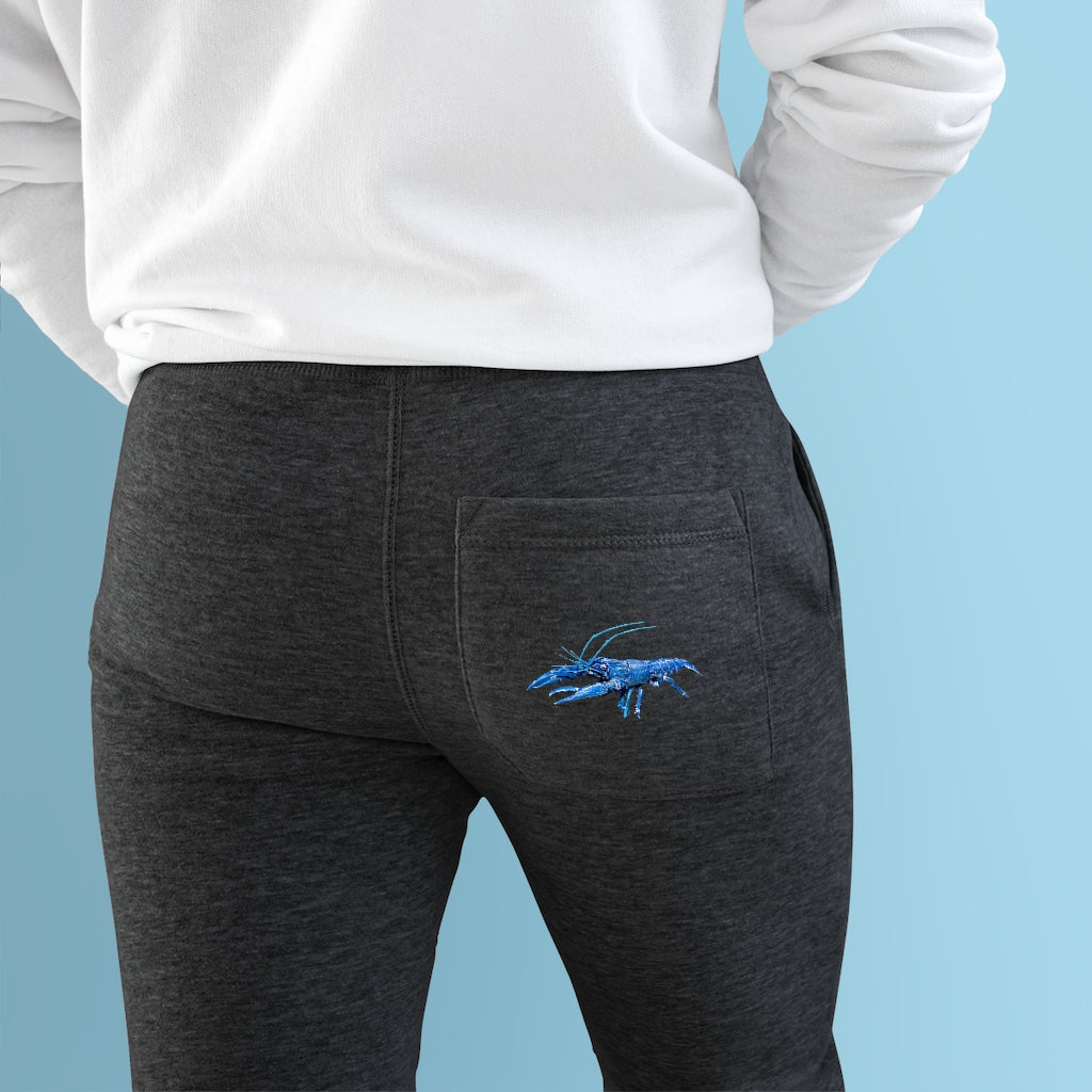 Blue Crawfish Premium Fleece Joggers featuring a customizable back pocket and two side pockets, made from soft fleece fabric.