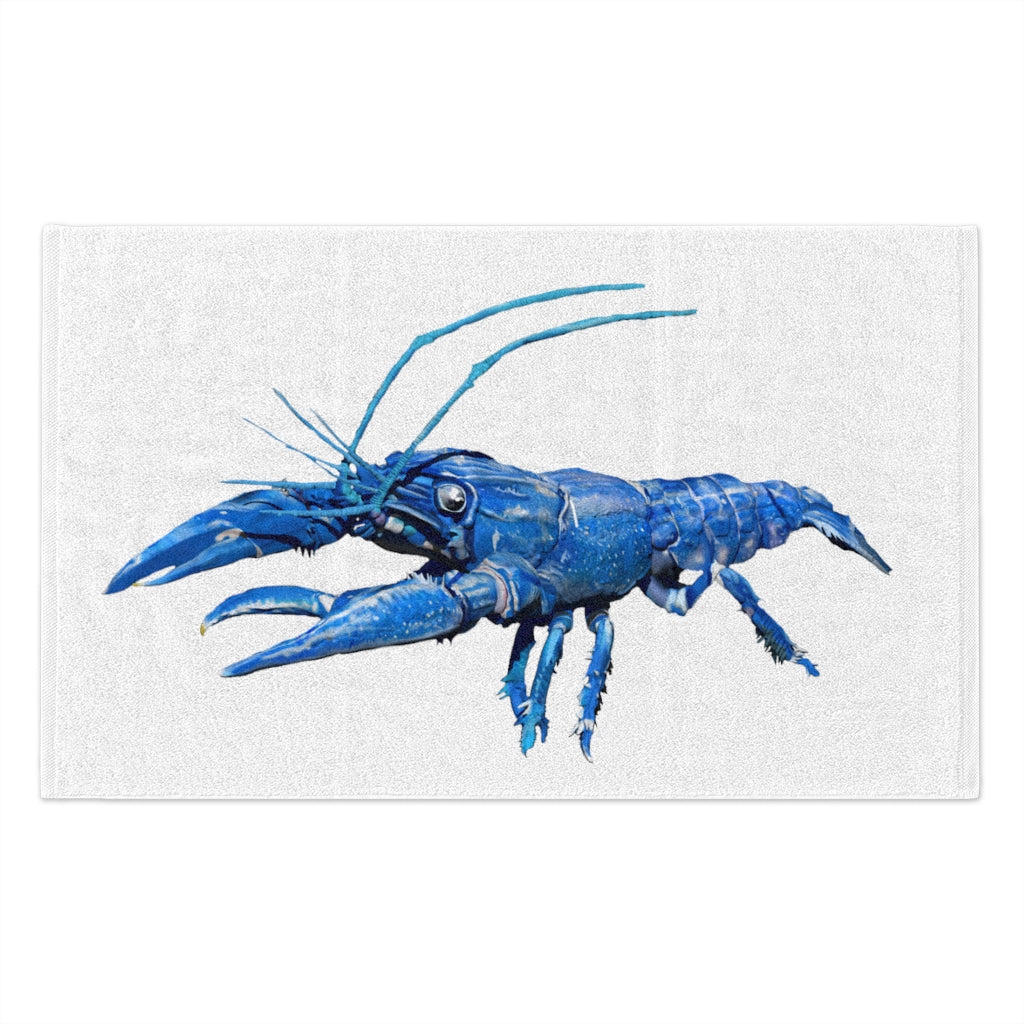 Blue Crawfish Rally Towel featuring a vibrant design on soft mink polyester and absorbent cotton backing, measuring 11x18 inches.