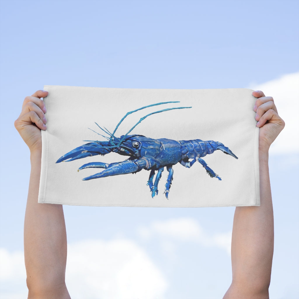 Blue Crawfish Rally Towel featuring a vibrant design on soft mink polyester and absorbent cotton backing, measuring 11x18 inches.