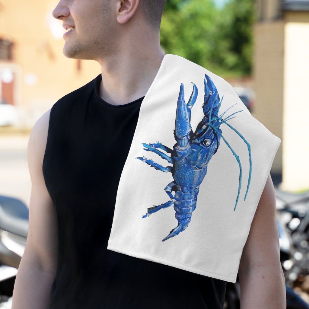 Blue Crawfish Rally Towel featuring a vibrant design on soft mink polyester and absorbent cotton backing, measuring 11x18 inches.