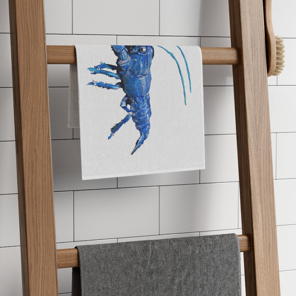 Blue Crawfish Rally Towel featuring a vibrant design on soft mink polyester and absorbent cotton backing, measuring 11x18 inches.