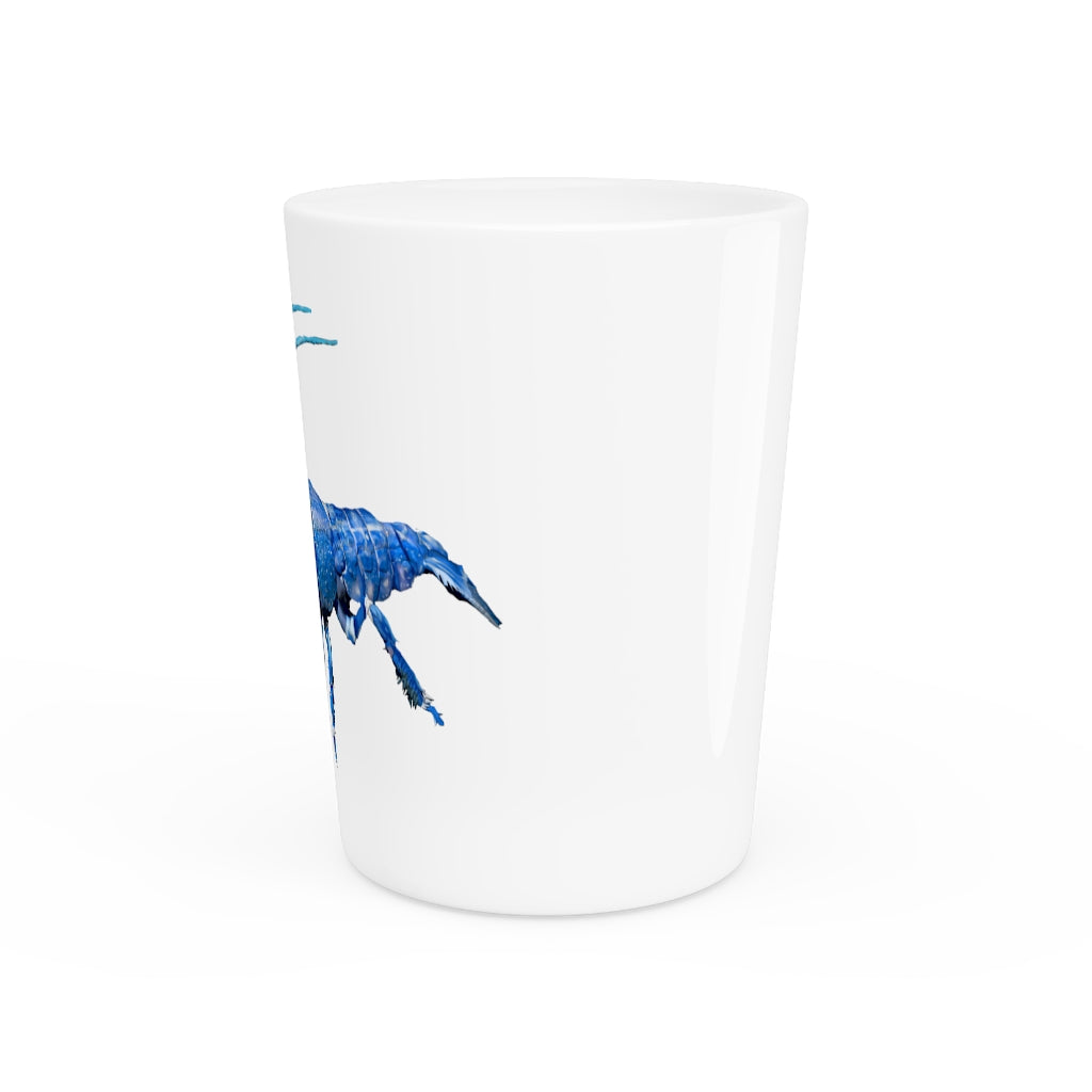 A personalized Blue Crawfish Shot Glass with a ceramic finish, available in white or black interior, perfect for gatherings and gifts.