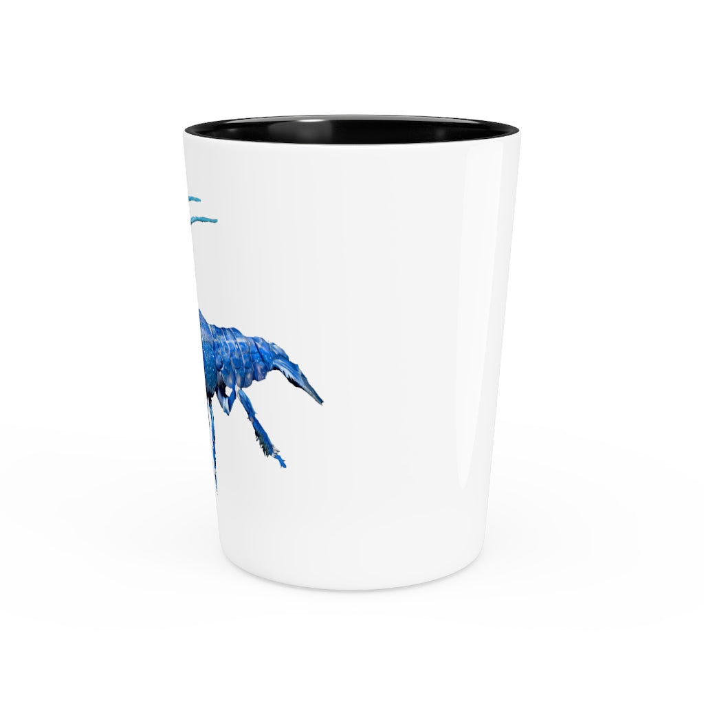 A personalized Blue Crawfish Shot Glass with a ceramic finish, available in white or black interior, perfect for gatherings and gifts.