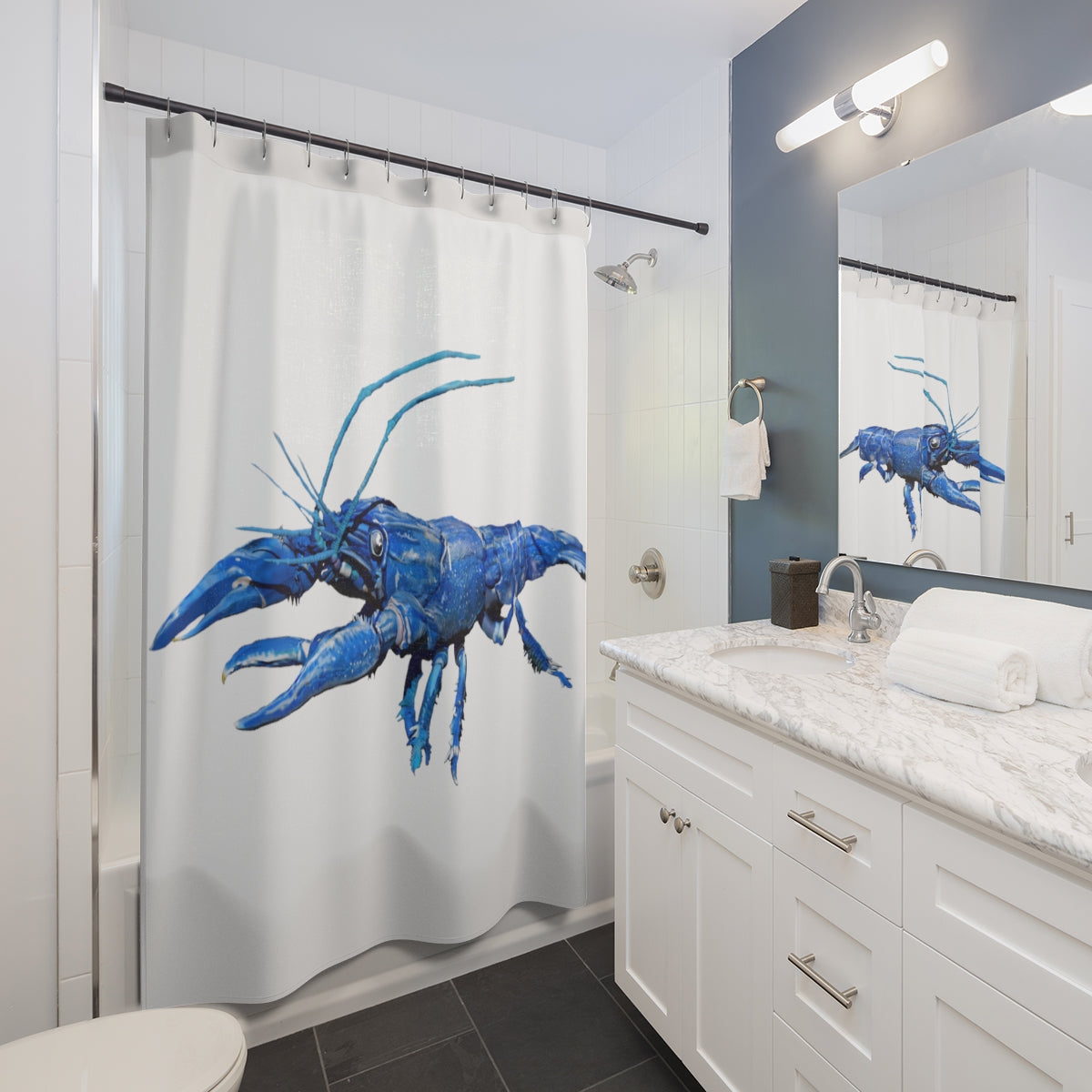 Blue Crawfish Shower Curtain featuring a vibrant crawfish design on durable polyester fabric, perfect for adding a unique touch to any bathroom.