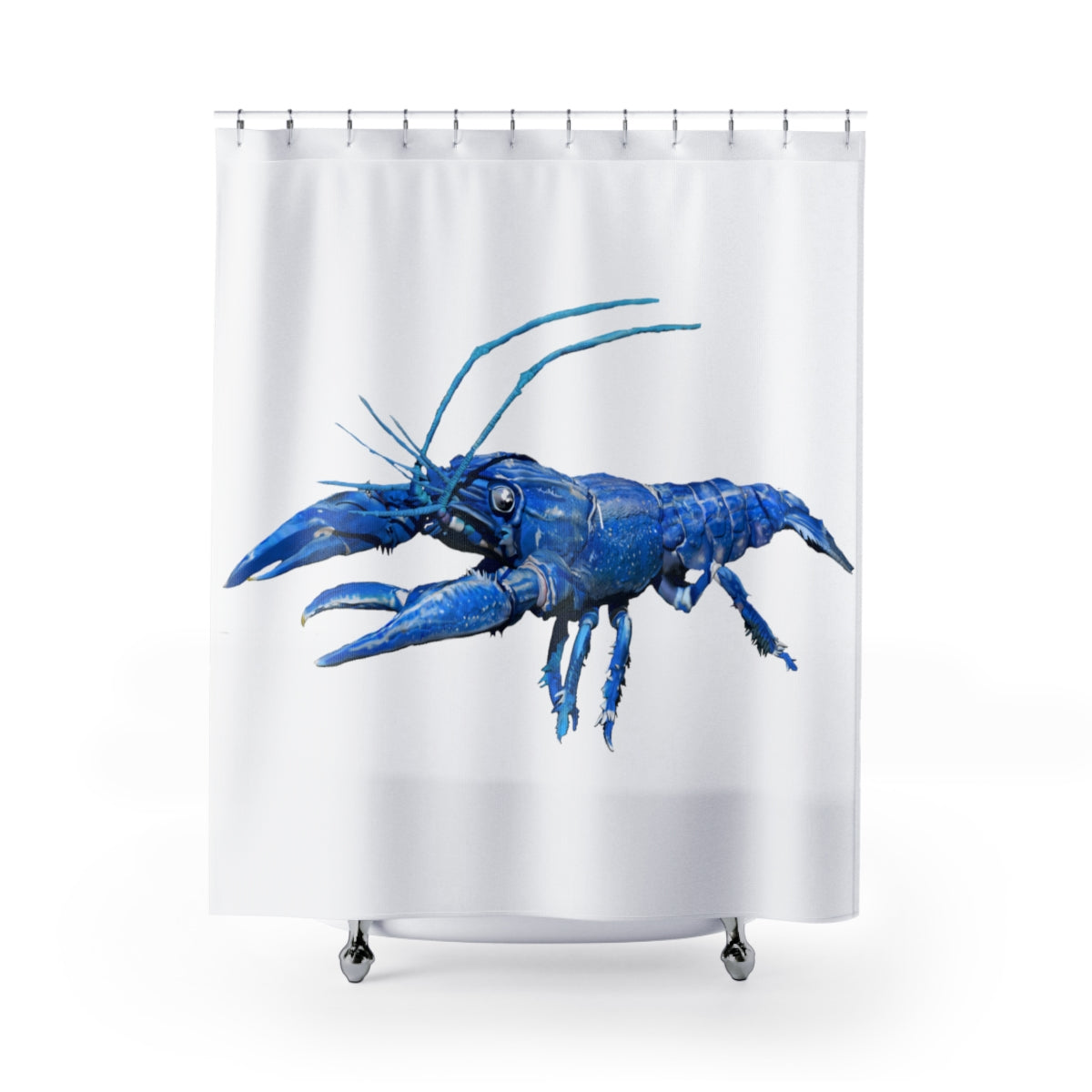 Blue Crawfish Shower Curtain featuring a vibrant crawfish design on durable polyester fabric, perfect for adding a unique touch to any bathroom.