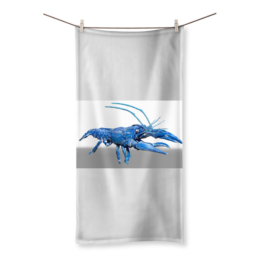 Blue Crawfish Sublimation All Over Towel featuring vibrant colors and a soft cotton backing, perfect for beach or bath use.