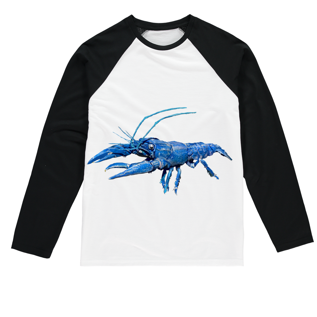 Blue Crawfish Sublimation Baseball Long Sleeve T-Shirt featuring a crew neck and long sleeves, designed for sublimation printing with a stylish fit.