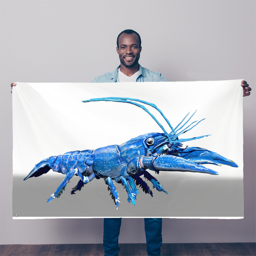 Blue Crawfish Sublimation Flag featuring vibrant colors and double-stitched edges, ideal for outdoor and indoor display.