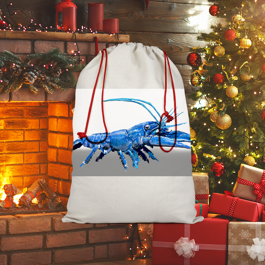 Blue Crawfish Sublimation Linen Drawstring Sack with red drawstring, perfect for Christmas gifts and laundry storage.