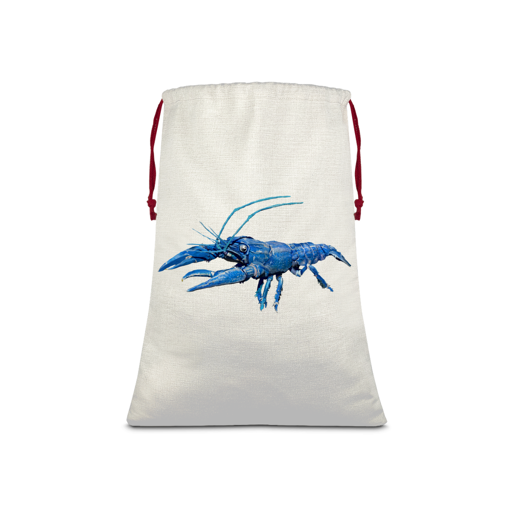 Blue Crawfish Sublimation Linen Drawstring Sack with red drawstring, perfect for Christmas gifts and laundry storage.