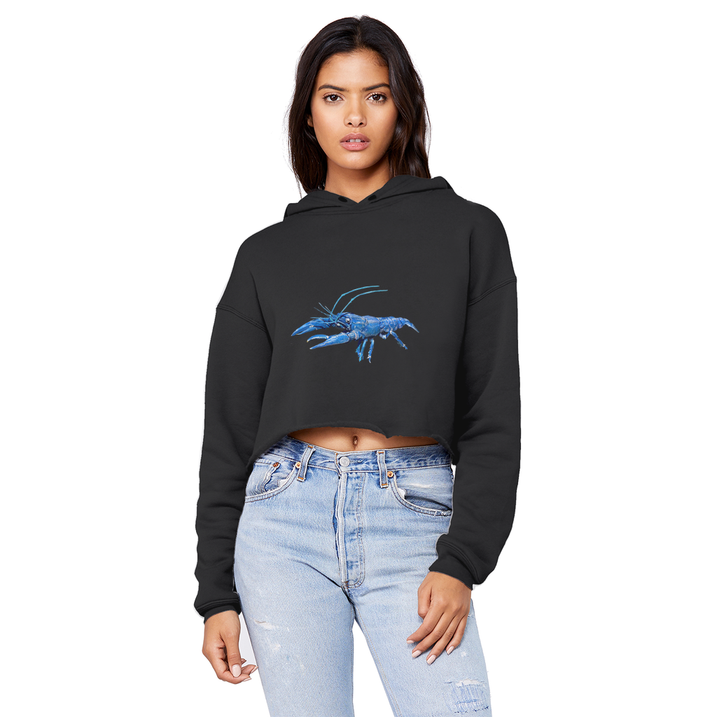 Blue Crawfish Unisex Cropped Raw Edge Boyfriend Hoodie showcasing a trendy cropped design with raw edge hem and soft fabric.