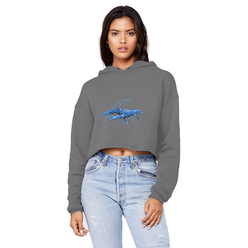 Blue Crawfish Unisex Cropped Raw Edge Boyfriend Hoodie showcasing a trendy cropped design with raw edge hem and soft fabric.