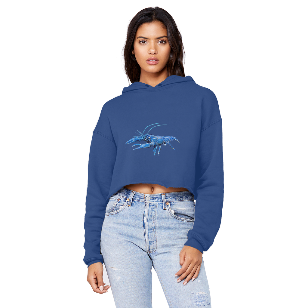 Blue Crawfish Unisex Cropped Raw Edge Boyfriend Hoodie showcasing a trendy cropped design with raw edge hem and soft fabric.