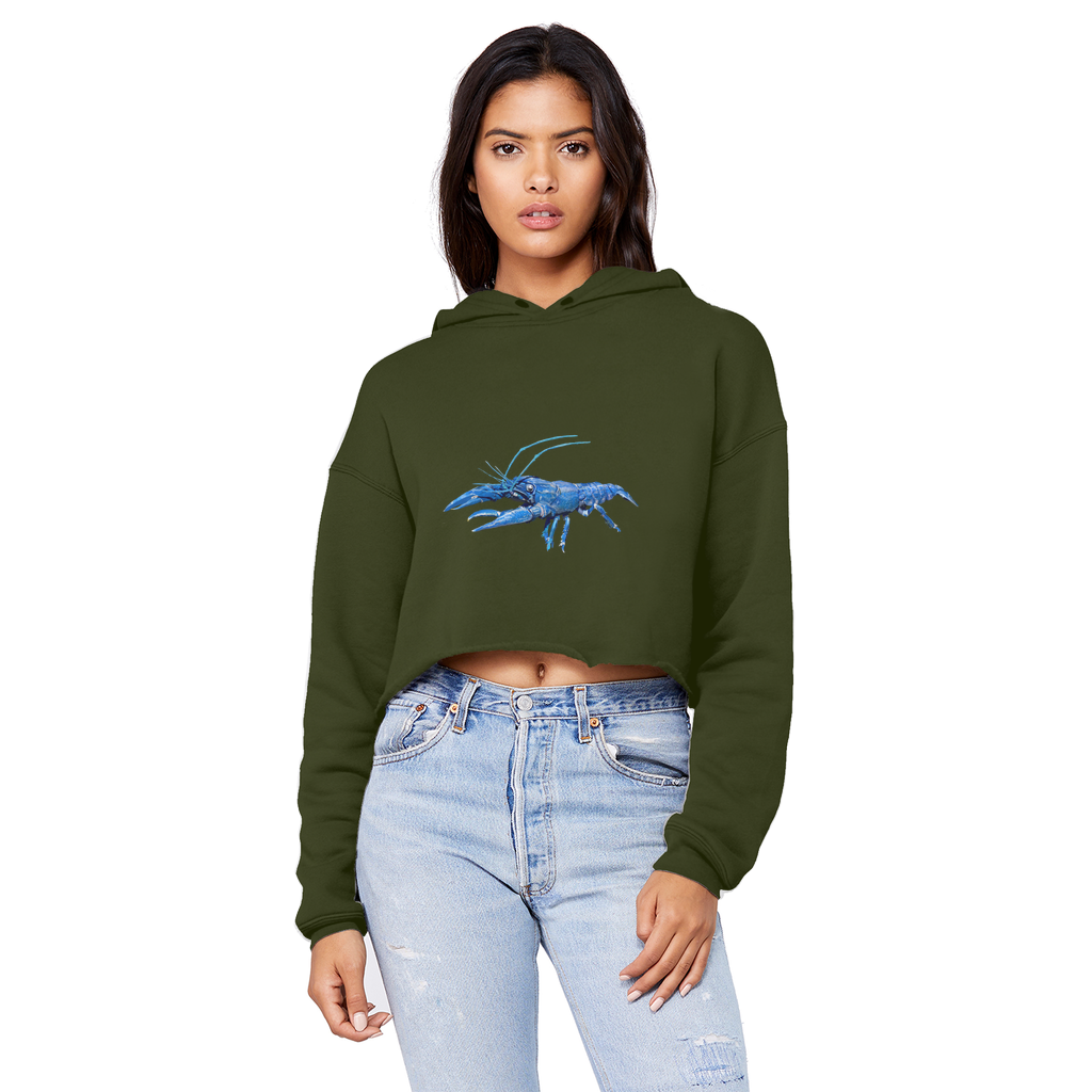 Blue Crawfish Unisex Cropped Raw Edge Boyfriend Hoodie showcasing a trendy cropped design with raw edge hem and soft fabric.