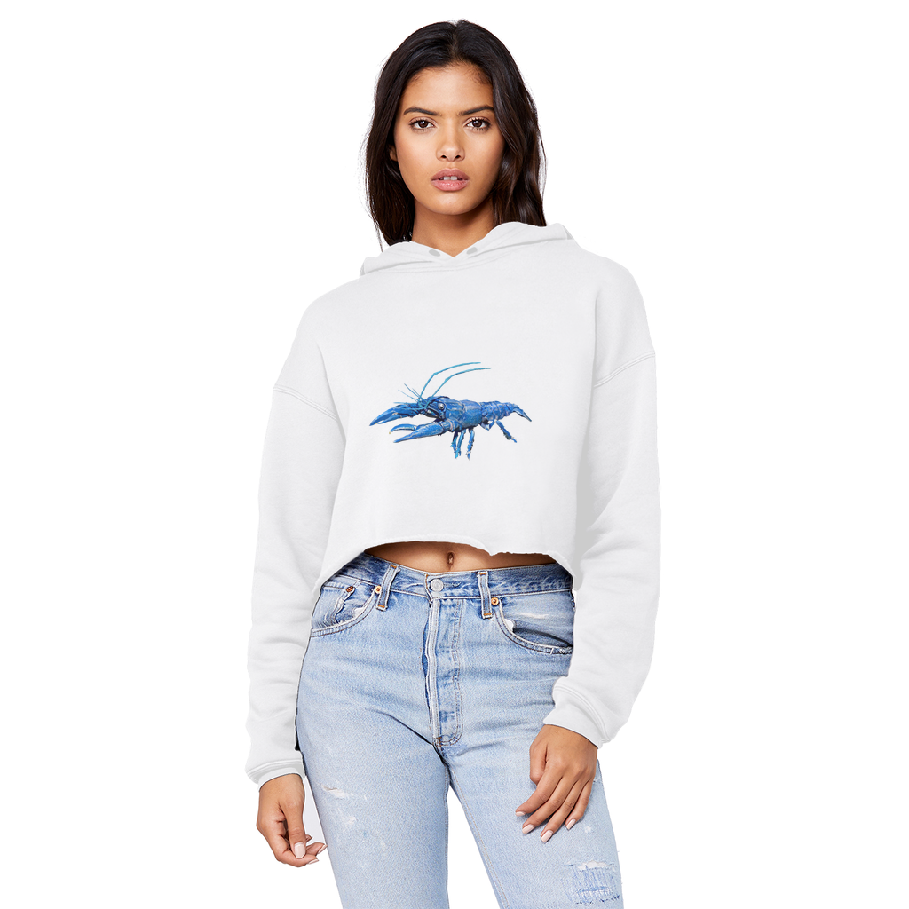 Blue Crawfish Unisex Cropped Raw Edge Boyfriend Hoodie showcasing a trendy cropped design with raw edge hem and soft fabric.