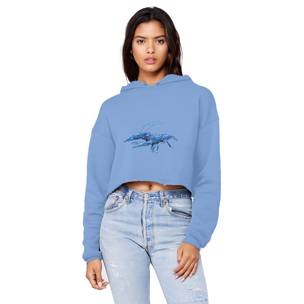 Blue Crawfish Unisex Cropped Raw Edge Boyfriend Hoodie showcasing a trendy cropped design with raw edge hem and soft fabric.