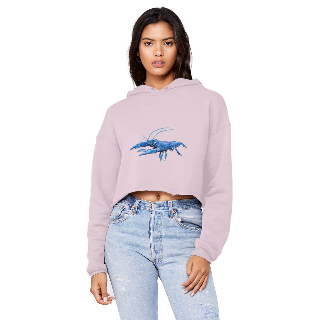 Blue Crawfish Unisex Cropped Raw Edge Boyfriend Hoodie showcasing a trendy cropped design with raw edge hem and soft fabric.