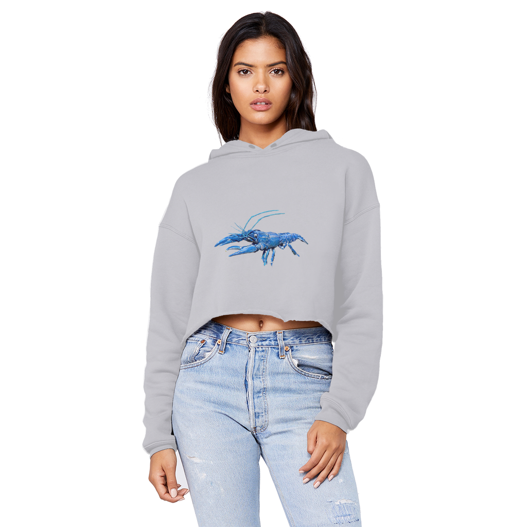 Blue Crawfish Unisex Cropped Raw Edge Boyfriend Hoodie showcasing a trendy cropped design with raw edge hem and soft fabric.