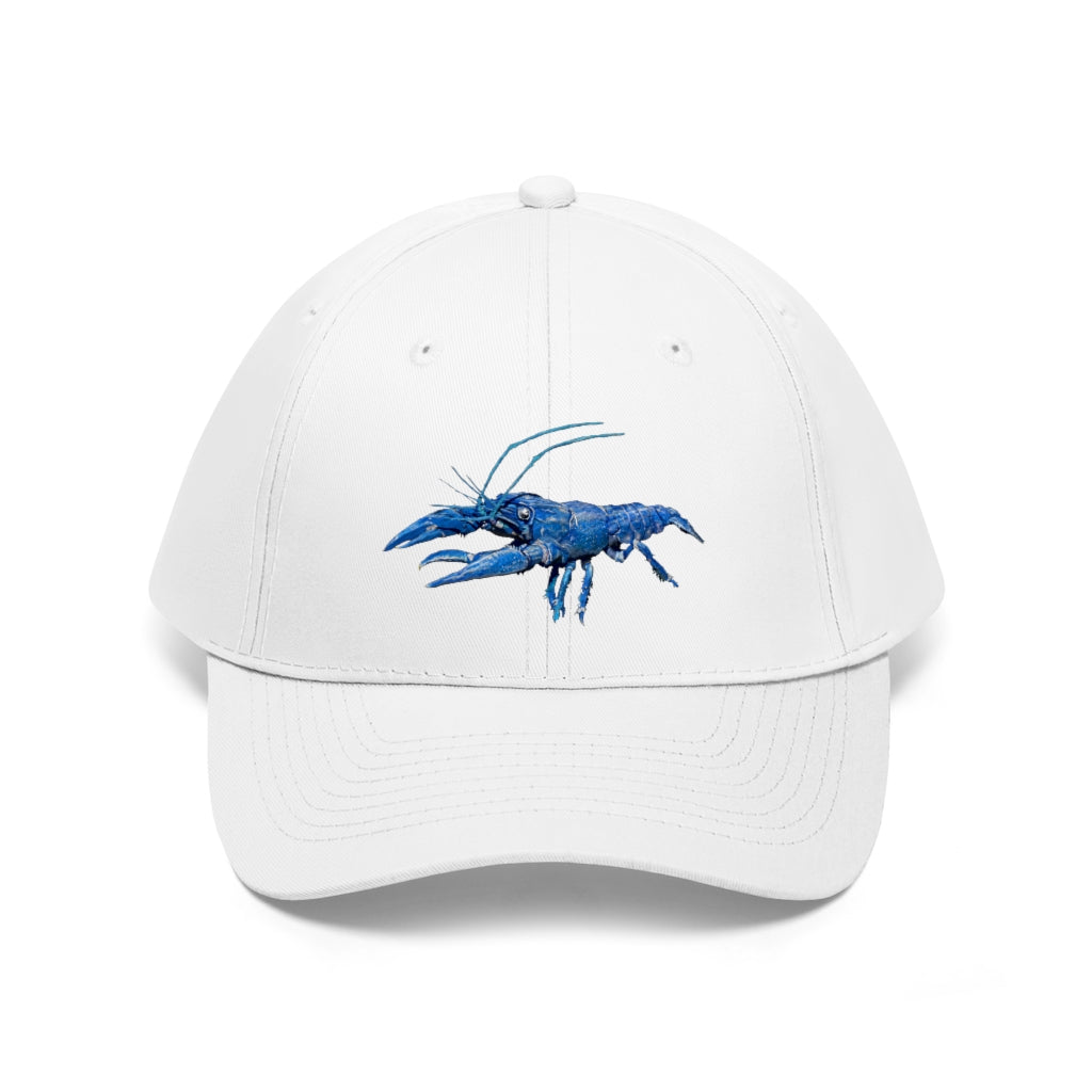 Blue Crawfish Unisex Twill Hat featuring a classic 6-panel design and adjustable Velcro closure, made from 100% cotton twill.