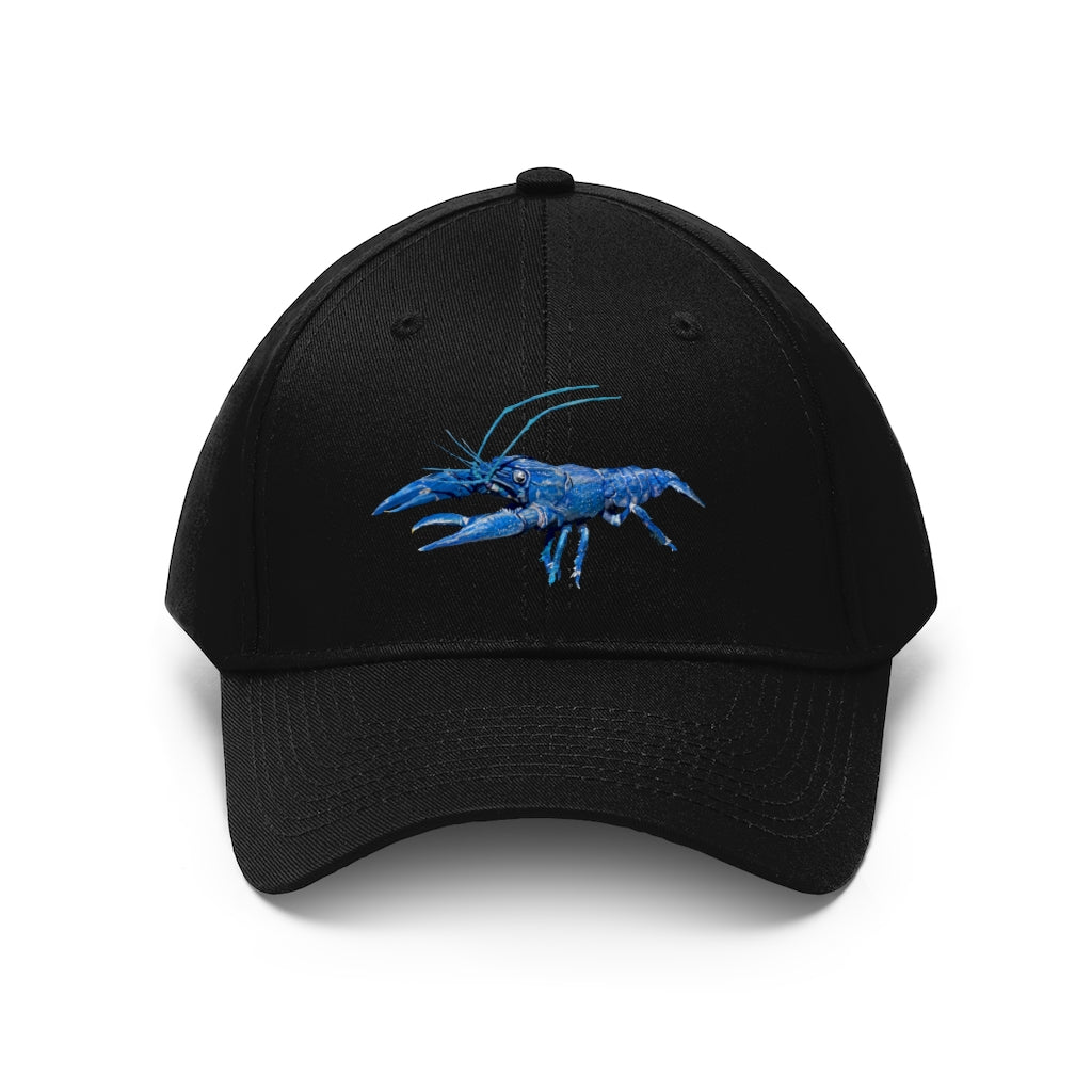 Blue Crawfish Unisex Twill Hat featuring a classic 6-panel design and adjustable Velcro closure, made from 100% cotton twill.