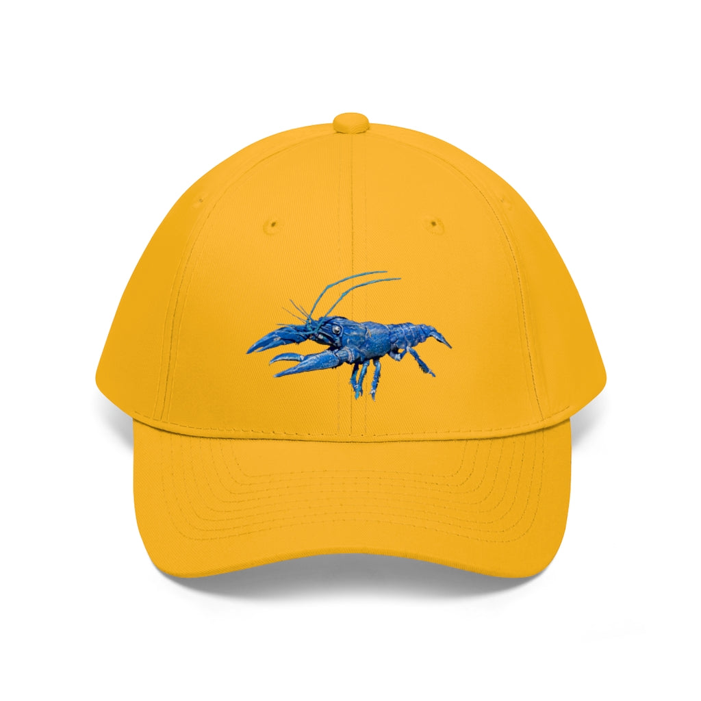 Blue Crawfish Unisex Twill Hat featuring a classic 6-panel design and adjustable Velcro closure, made from 100% cotton twill.