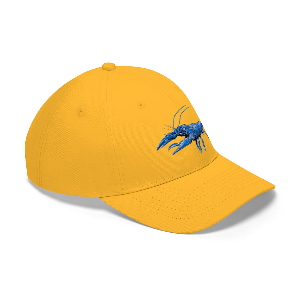 Blue Crawfish Unisex Twill Hat featuring a classic 6-panel design and adjustable Velcro closure, made from 100% cotton twill.