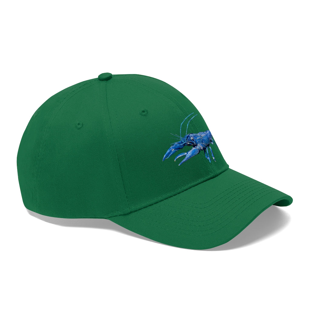 Blue Crawfish Unisex Twill Hat featuring a classic 6-panel design and adjustable Velcro closure, made from 100% cotton twill.