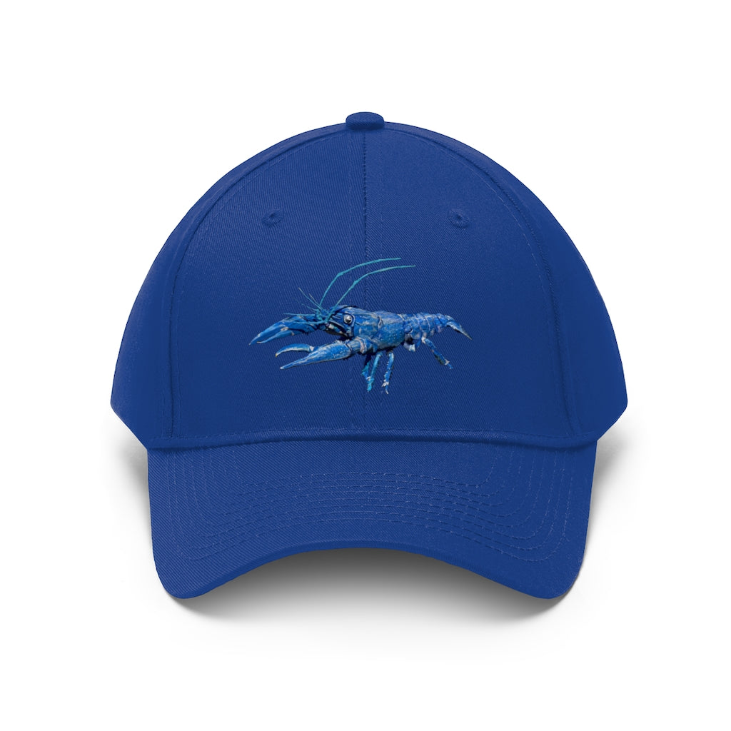 Blue Crawfish Unisex Twill Hat featuring a classic 6-panel design and adjustable Velcro closure, made from 100% cotton twill.