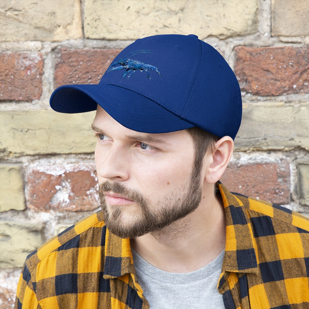 Blue Crawfish Unisex Twill Hat featuring a classic 6-panel design and adjustable Velcro closure, made from 100% cotton twill.