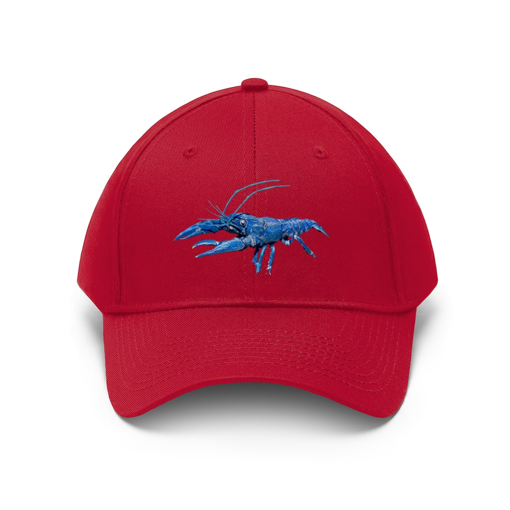 Blue Crawfish Unisex Twill Hat featuring a classic 6-panel design and adjustable Velcro closure, made from 100% cotton twill.