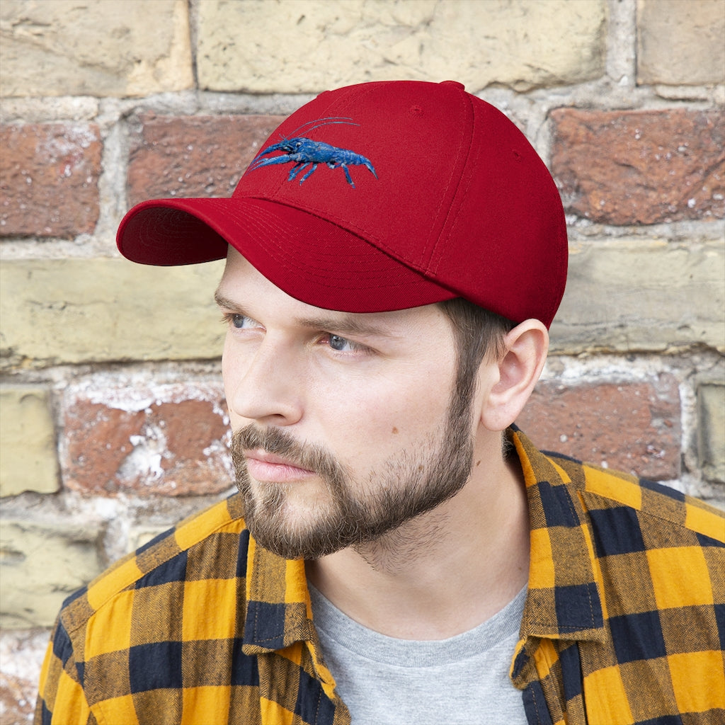 Blue Crawfish Unisex Twill Hat featuring a classic 6-panel design and adjustable Velcro closure, made from 100% cotton twill.