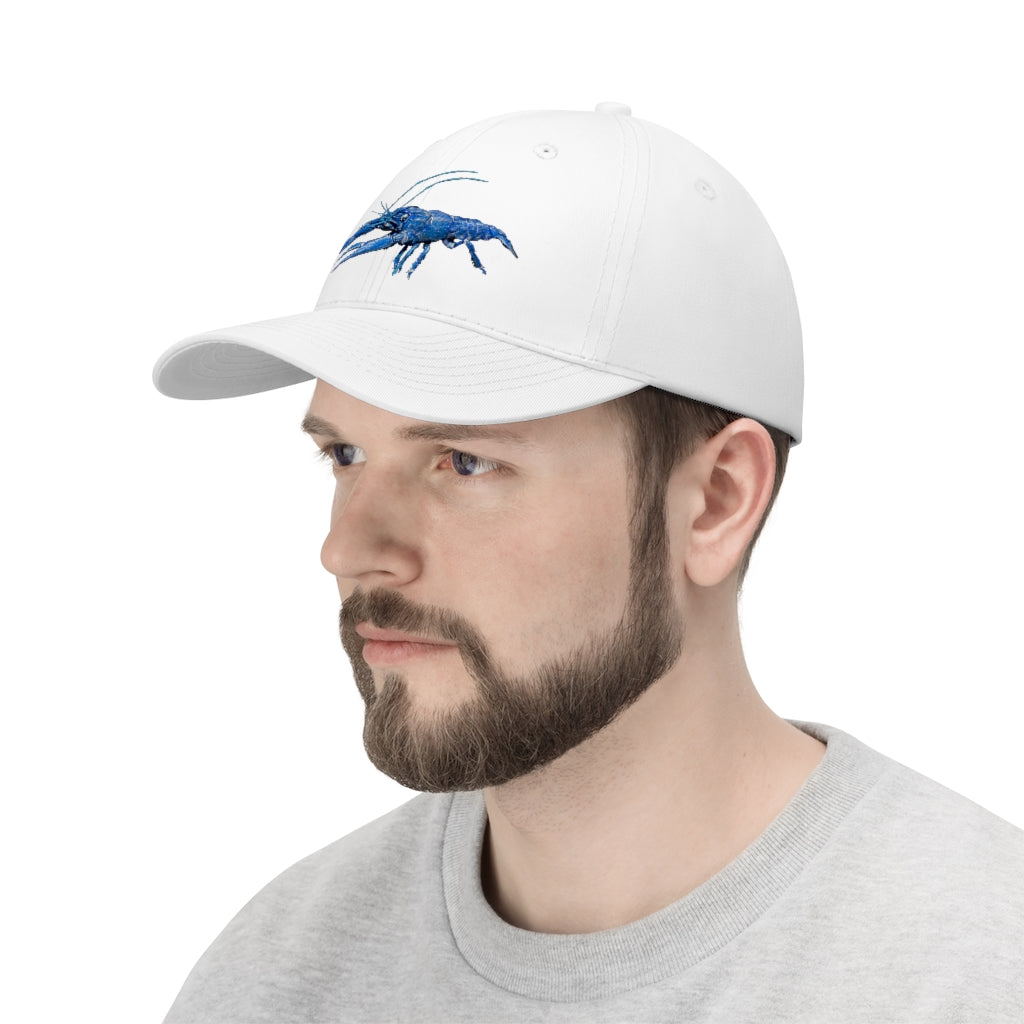 Blue Crawfish Unisex Twill Hat featuring a classic 6-panel design and adjustable Velcro closure, made from 100% cotton twill.