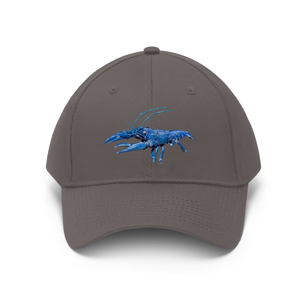 Blue Crawfish Unisex Twill Hat featuring a classic 6-panel design and adjustable Velcro closure, made from 100% cotton twill.