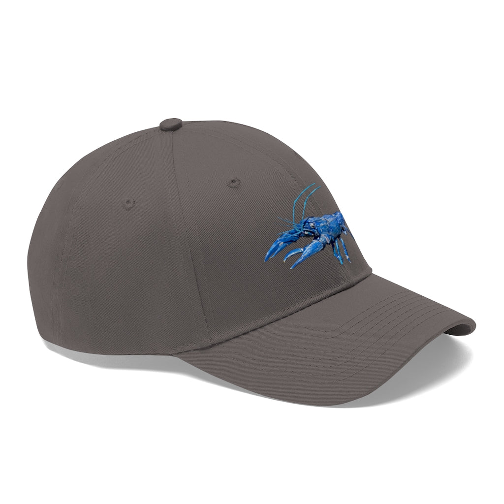 Blue Crawfish Unisex Twill Hat featuring a classic 6-panel design and adjustable Velcro closure, made from 100% cotton twill.