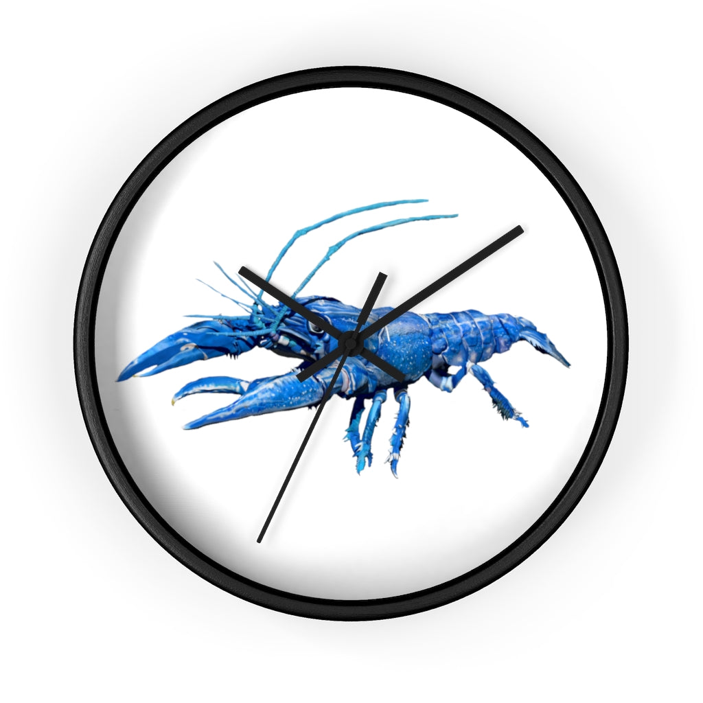 Blue Crawfish Wall Clock with wooden frame and plexiglass face, showcasing a vibrant crawfish design.