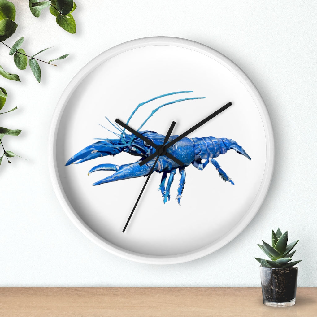 Blue Crawfish Wall Clock with wooden frame and plexiglass face, showcasing a vibrant crawfish design.