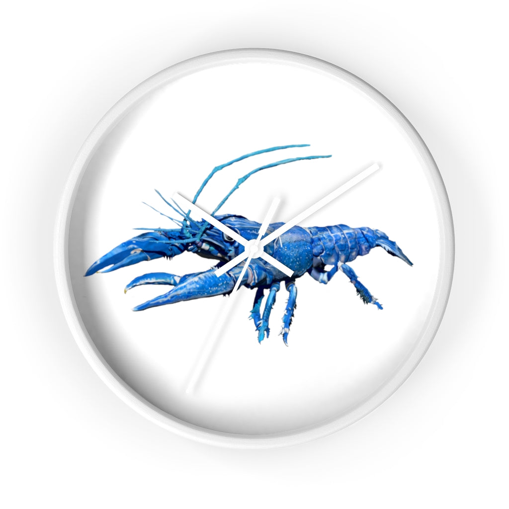 Blue Crawfish Wall Clock with wooden frame and plexiglass face, showcasing a vibrant crawfish design.