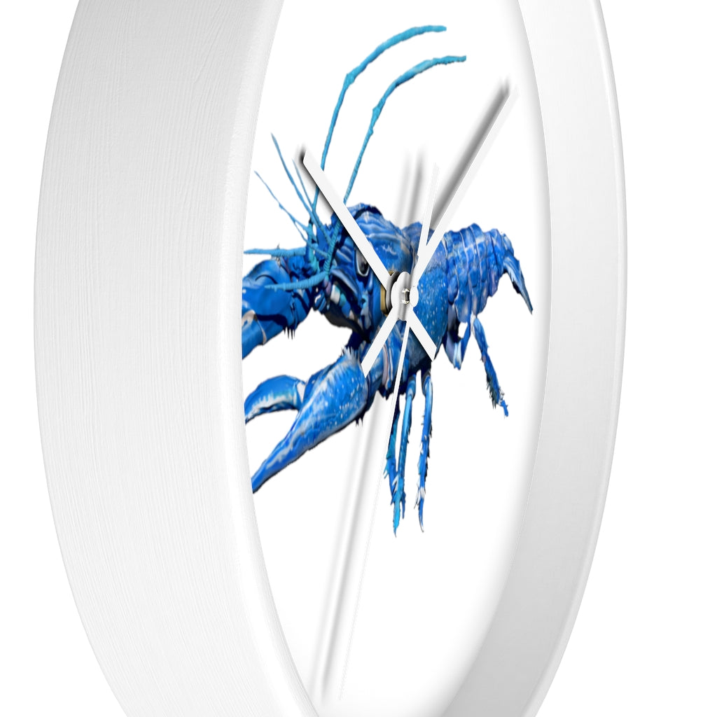 Blue Crawfish Wall Clock with wooden frame and plexiglass face, showcasing a vibrant crawfish design.