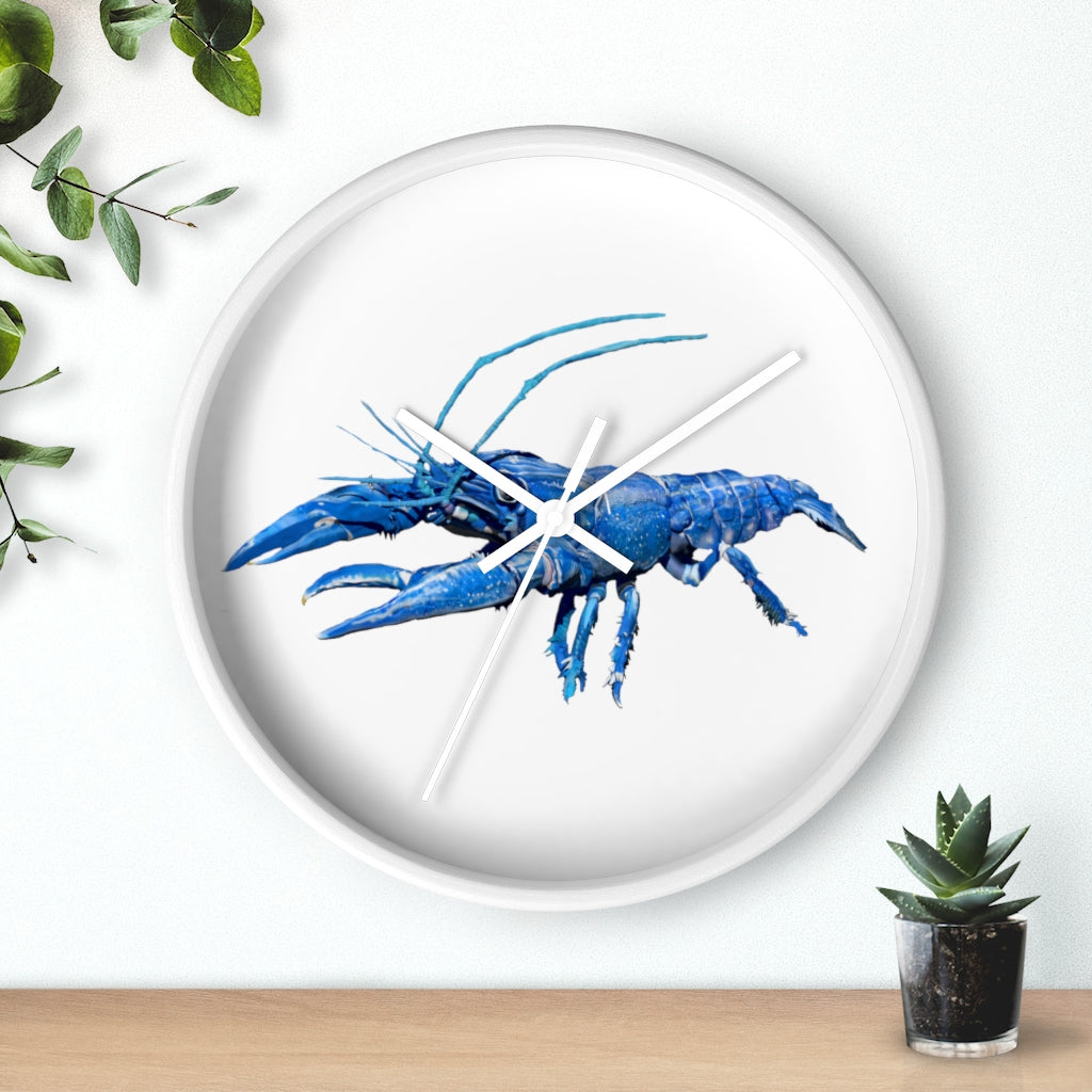 Blue Crawfish Wall Clock with wooden frame and plexiglass face, showcasing a vibrant crawfish design.