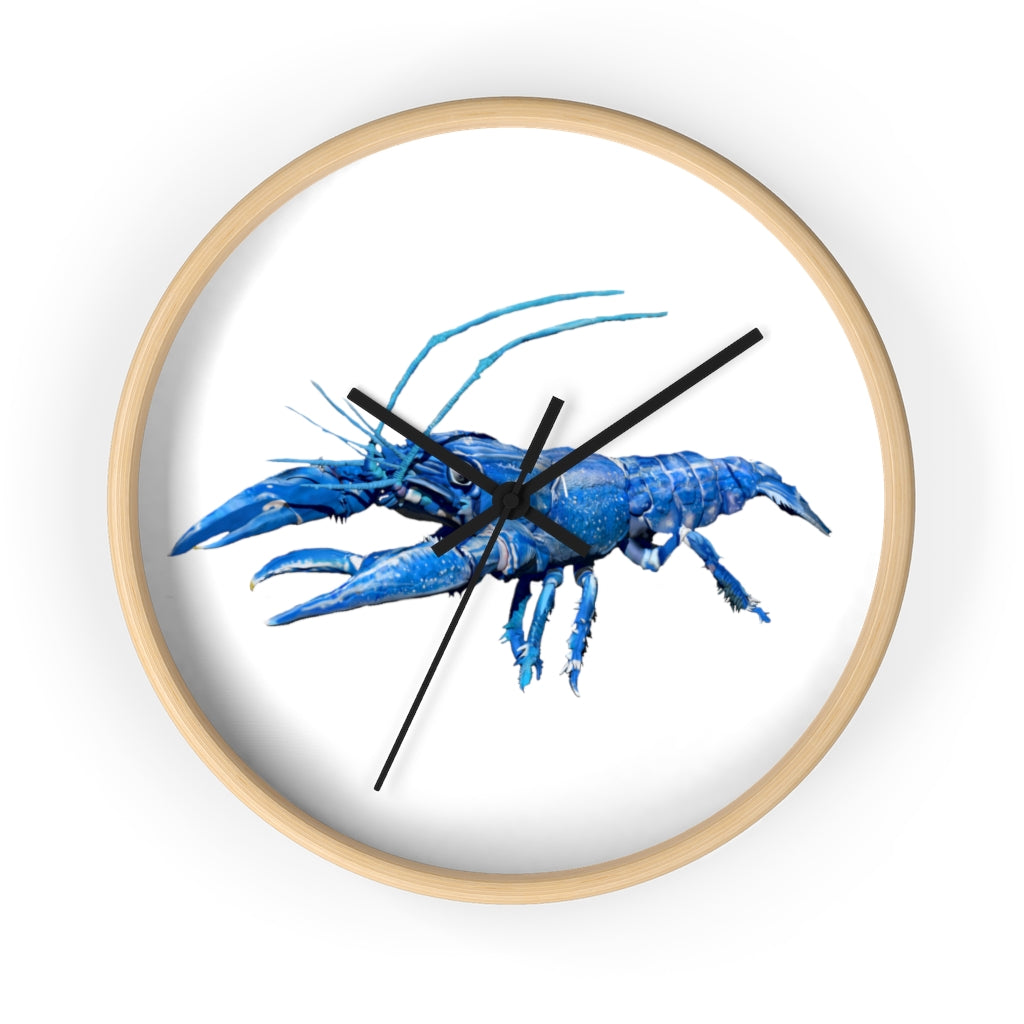 Blue Crawfish Wall Clock with wooden frame and plexiglass face, showcasing a vibrant crawfish design.